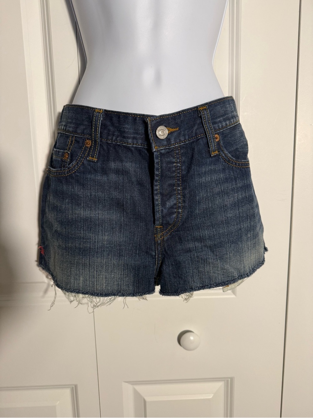 Levi's Dark Blue Frayed Hem Denim Shorts